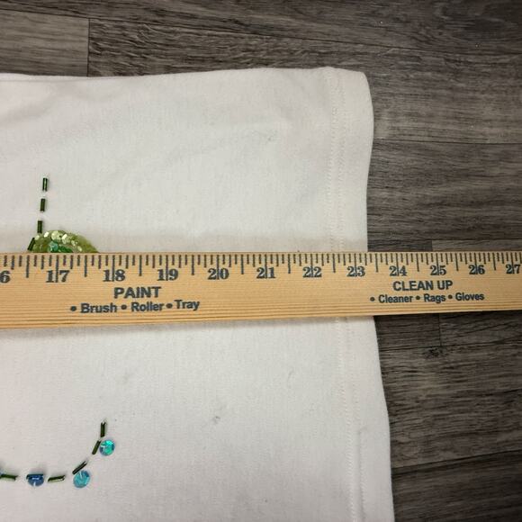 Crystal-Kobe XL White Beaded Sequin Floral Tee Shirt Made in Mexico V Neck - Picture 4 of 6